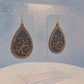 Wood Veneer & Blue Leatherette Floral Teardrop Earrings
